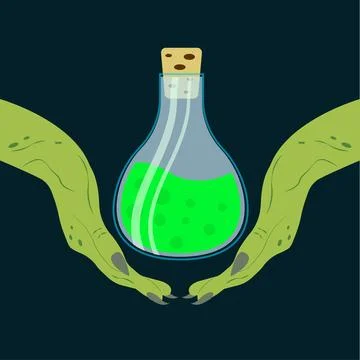 The potion in the witch's hands. Green bottle potion. Vector illustration. Lo Stock Illustration