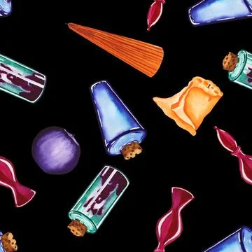 Potions, candles on a seamless pattern on a dark background. Design for Stock Illustration