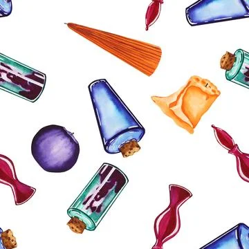 Potions, candles on a seamless pattern on a white background. Design for Stock Illustration