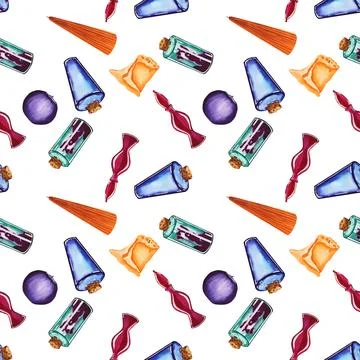 Potions, candles on a seamless pattern on a white background. Design for Stock Illustration