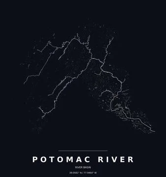 Potomac River Basin Watershed Map Line Art Dark Poster Stock Illustration