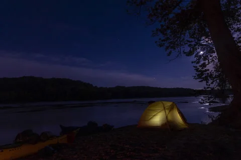 Potomac River Stars Moon Clouds Tent Time Lapse Video stock 233748658