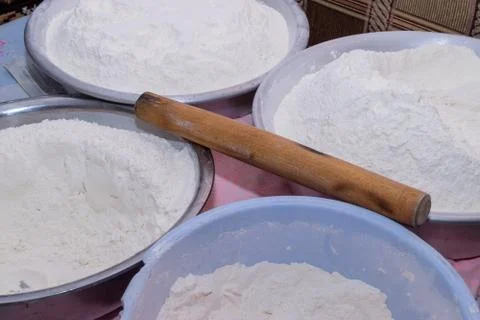 Pots of flour ready for making bread at home Stock Photos