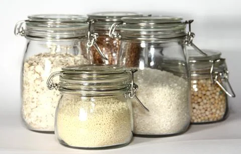 Pots with grains 스톡 사진