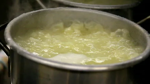 Pots on Industrial Stove Boiling Pierogies Stock Footage