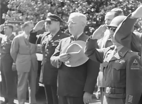 POTSDAM, GERMANY - 1945: Close hat ceremony - Decorated Officers Stand Together Stock Footage 344495000
