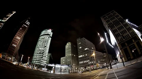 Potsdamer Platz skyline (Potsdam square) fisheye night time lapse Berlin Germany Stock Footage 74712098