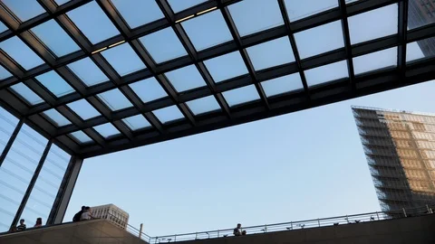 Potsdamer Platz Train station exit view. Pan shot of surrounding buildings. Stock-Footage 116257511