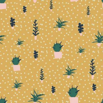 Potted cacti plants seamless vector pattern Stock Illustration
