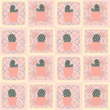 Potted cacti plants seamless vector pattern 库存插图
