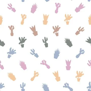 Potted Cacti Succulents Crayon Pattern. Vector seamless dithering pixel sty.. Stock Illustration