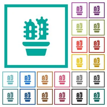 Potted cactus solid flat color icons with quadrant frames Stock Illustration