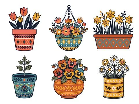 Potted Flower Folk Art Bundle Vector Illustration Stock Illustration