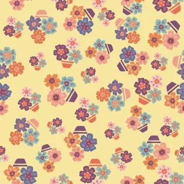 Potted flowers seamless vector pattern on yellow Stock Illustration