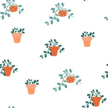 Potted house plants seamless pattern. Trendy home decor with plants. Flowers  Stock Illustration