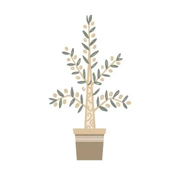 Potted olive tree icon vector isolated with gold and white. Naive tribal style Stock Illustration