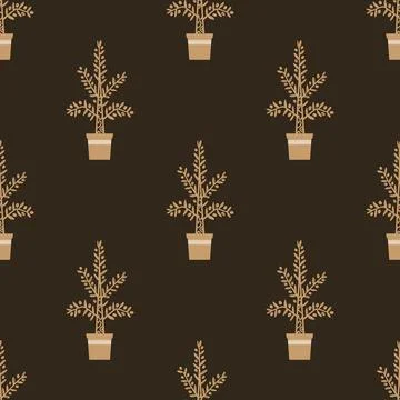 Potted olive tree seamless patter on dark background. Vector seamless pattern Stock Illustration