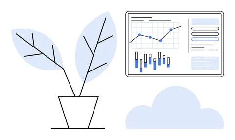 Potted plant, analytics chart with graphs and charts, and a cloud symbol. Ide Illustrazione stock