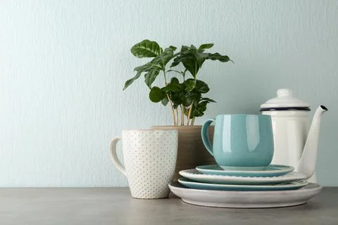 Potted plant and set of kitchenware on grey table near light wall, space for  Stock Photos