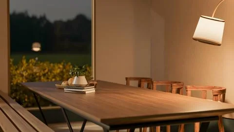 Potted plant on book with breads and coffee on wooden table aside lamp and .. Illustrazione stock