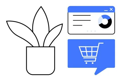 Potted plant next to a data analytics chart and e-commerce cart icons. Ideal  Stock Illustration