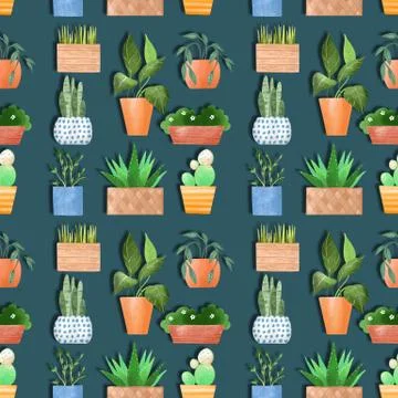 Potted plants. Cartoon seamless pattern Stock Illustration