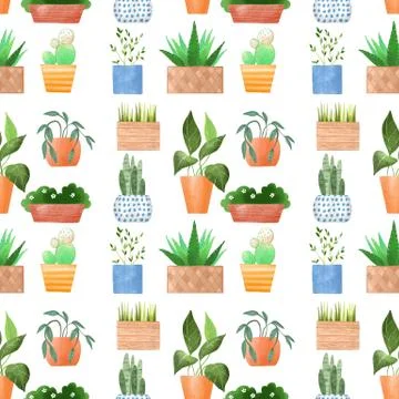 Potted plants. Cartoon seamless pattern Stock Illustration