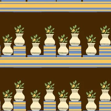 Potted Plants Pattern Design in Mediterranean Garden Style Stock Illustration