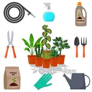 Potted plants surrounded by garden tools. Set of gardening tools, potting soi Stock Illustration