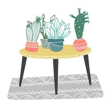 Potted plants. Table with different plants. Vector illustration Stock Illustration