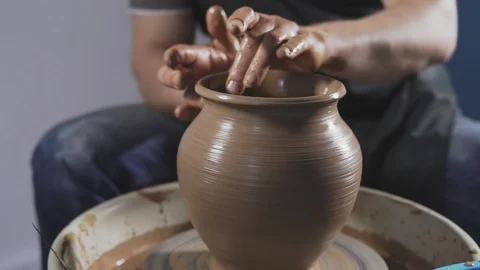 Potter creates jug from clay. Close-up of hands. Handmade concept Stock Footage 114314805