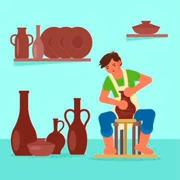 Potter making ceramic pot vector flat illustration Stock Illustration