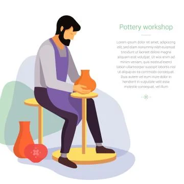 Potter sculpts the product on the machine. Vector illustration with place for Stock Illustration