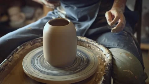 A potter using a potter's wheel making a vase Stock Footage 278311569