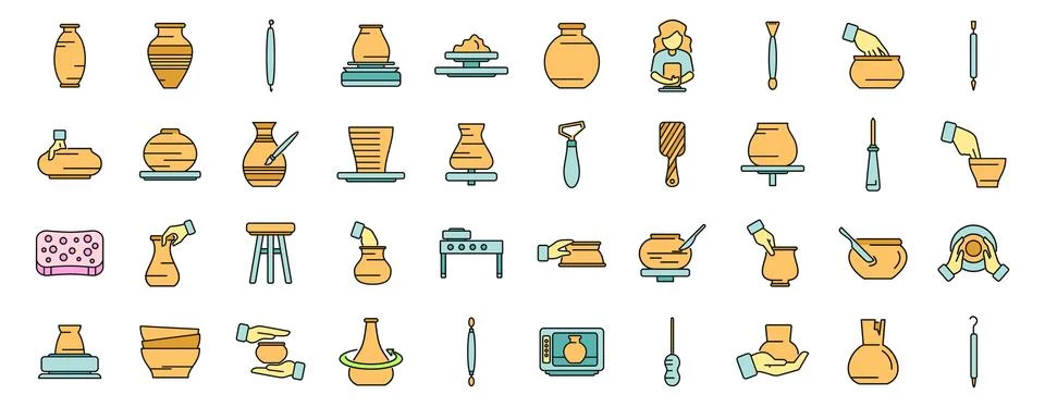 Potter working process with clay and pottery wheel icons set Stock Illustration