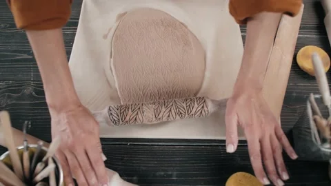 Pottering Concept, potter in workshop. Closeup of Hands of Male Worker in Apron Stock Footage 143962384