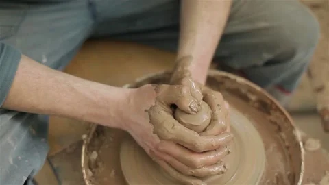 Potters hands close up making creating ceramic jar vase pot on pottery wheel mac 動画素材 86766238