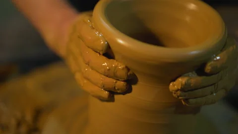 Potters wheel, hands forms clay pot on potter's wheel, Stock Footage 147261247