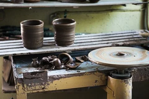 Potter's working area. View on empty workshop Stock Photos
