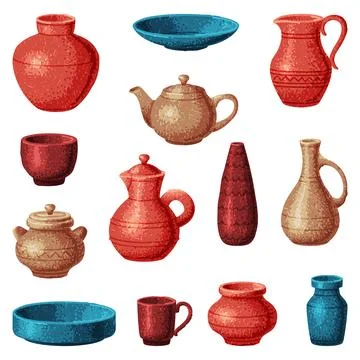Pottery and Ceramic Tableware and Crockery Vector Set Stock-Illustration