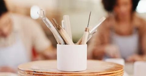 Pottery, art and tools in workshop for process, sculpture design and learning Stock Photos