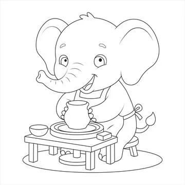 Pottery ceramic clay wheel elephant crafting vase on workbench with apron s.. Stock Illustration