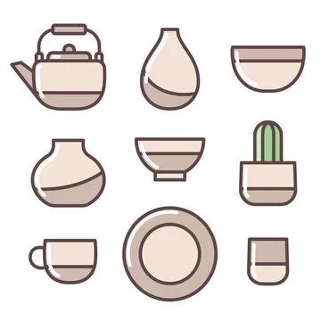 Pottery ceramic icon set Stock Illustration