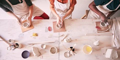 Pottery class, ceramic workshop or women design sculpture mold, clay Fotos Stock