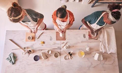 Pottery class, ceramic workshop or people design sculpture mold, clay 스톡 사진