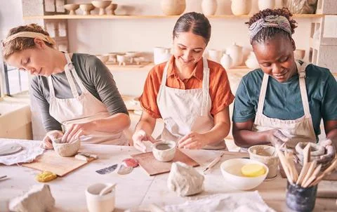 Pottery class, creative workshop or women design sculpture mold, clay 스톡 사진