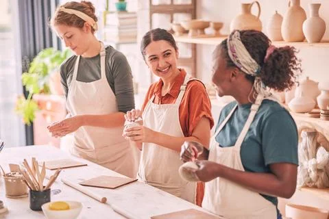 Pottery class, group workshop or happy woman design sculpture mold, clay 스톡 사진