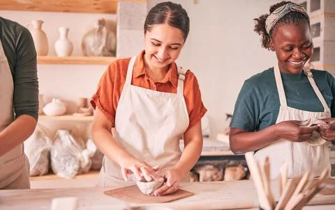 Pottery class, group workshop or happy people design sculpture mold, clay 스톡 사진