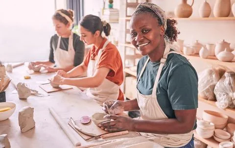 Pottery class, group workshop or portrait woman design ceramic mold, clay 스톡 사진