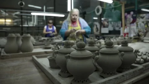 Pottery. Clay dishware. General plan. Panorama from left to right Video stock 130526450